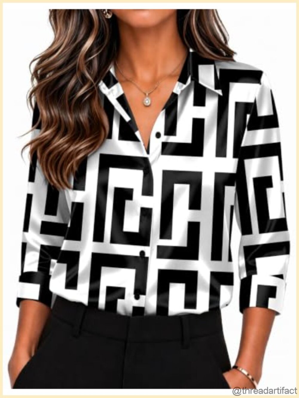 Satin Button Down Blouse 3/4 Sleeve Dressy Top